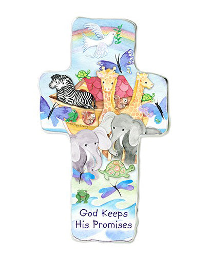 Decorative cross with animal illustrations and 'God Keeps His Promises' text on a white background