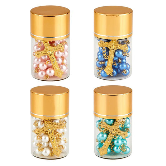 Four small glass jars with gold lids, each containing colorful beads and a gold cross charm.
