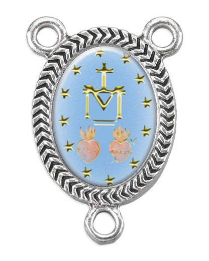 Decorative pendant with religious symbols on a blue background
