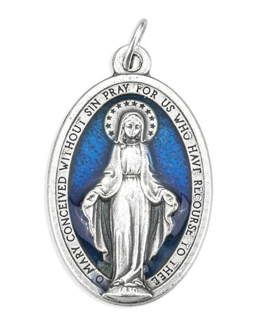 Silver pendant with blue background featuring a religious figure on a white background