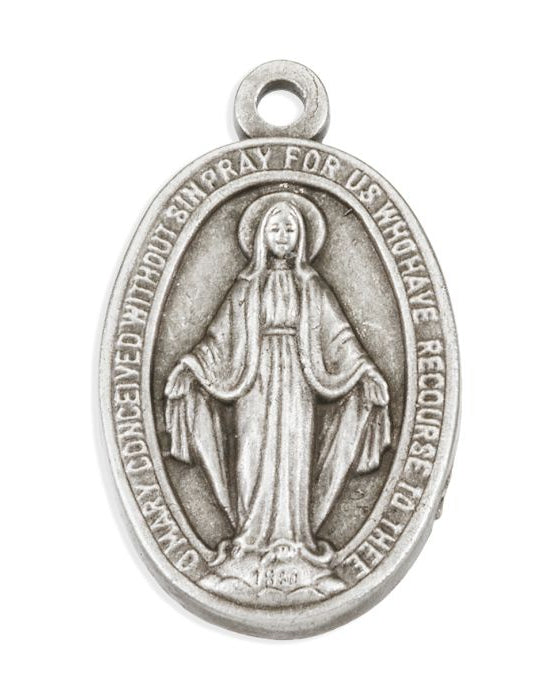 Silver religious pendant with a figure and engraved text on a white background