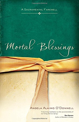 Book cover of 'Mortal Blessings' with a green background and gold ribbon.
