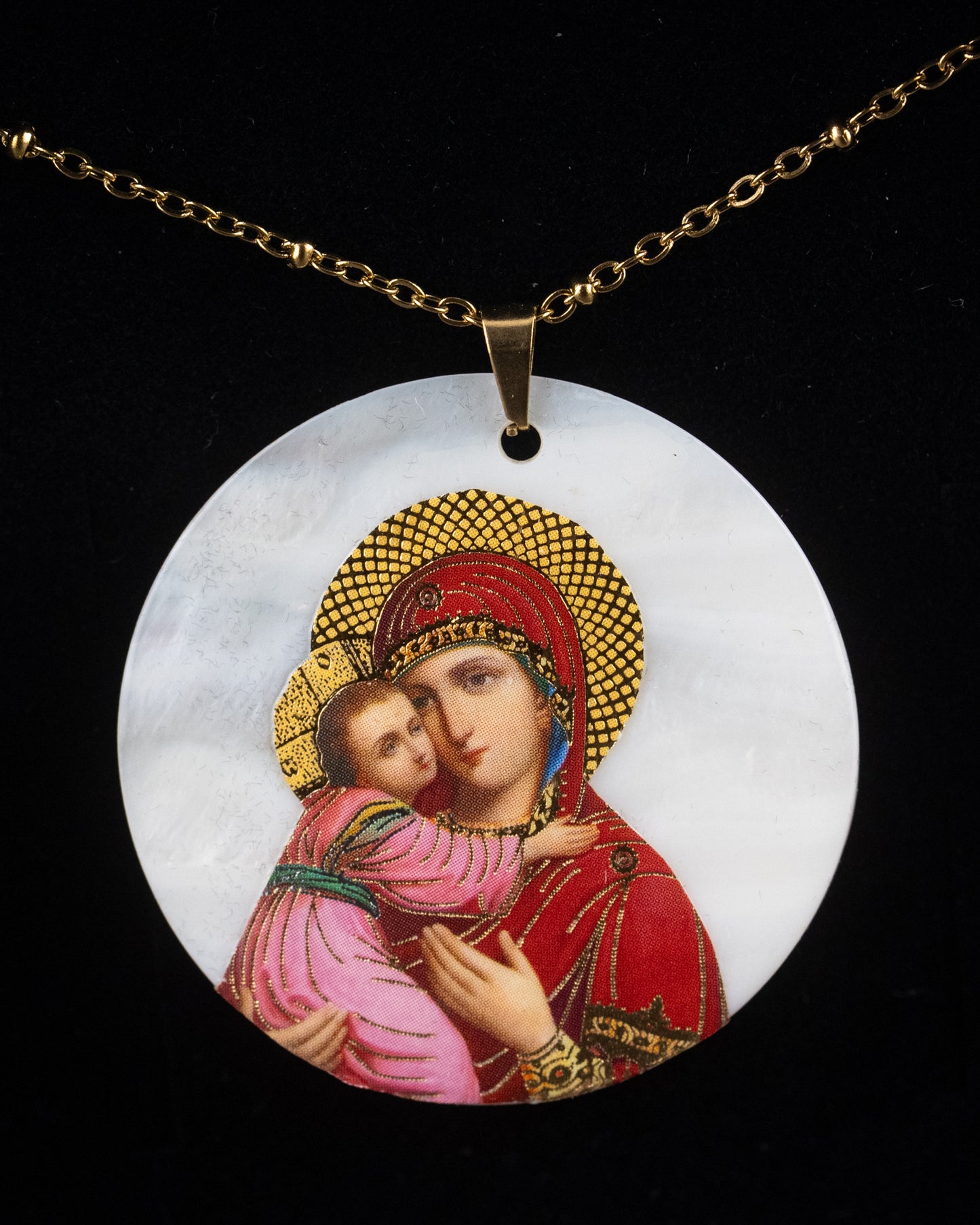 Pendentif icône de la Vierge de Vladimir en nacre