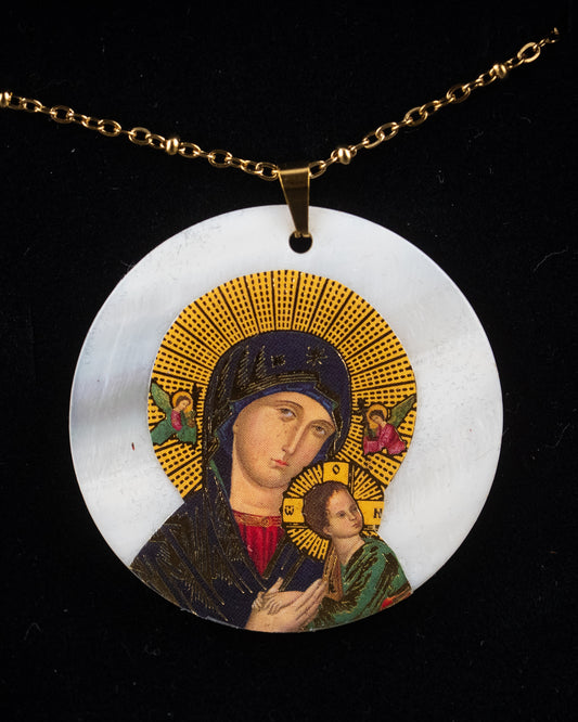Notre-Dame du Perpétuel Secours Collier Catholique sur Pendentif en Nacre