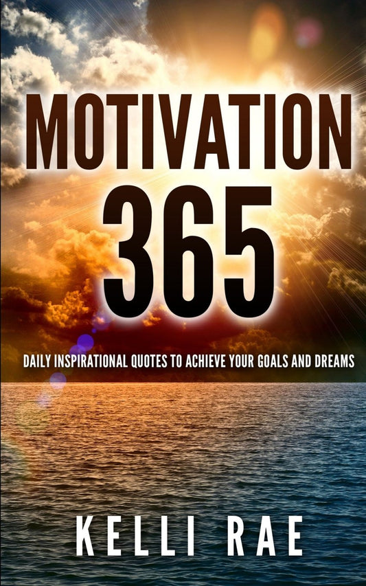 Book cover of 'Motivation 365' with a sunset over water and motivational text.