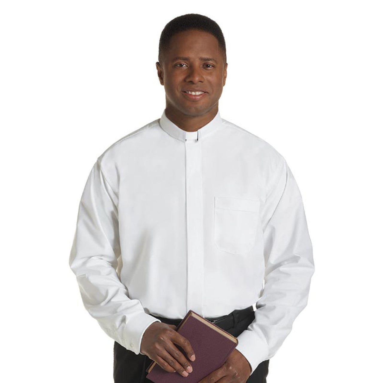 Man wearing a white shirt holding a purple book on a white background