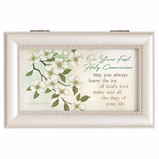 Decorative box with floral design and text on a white background