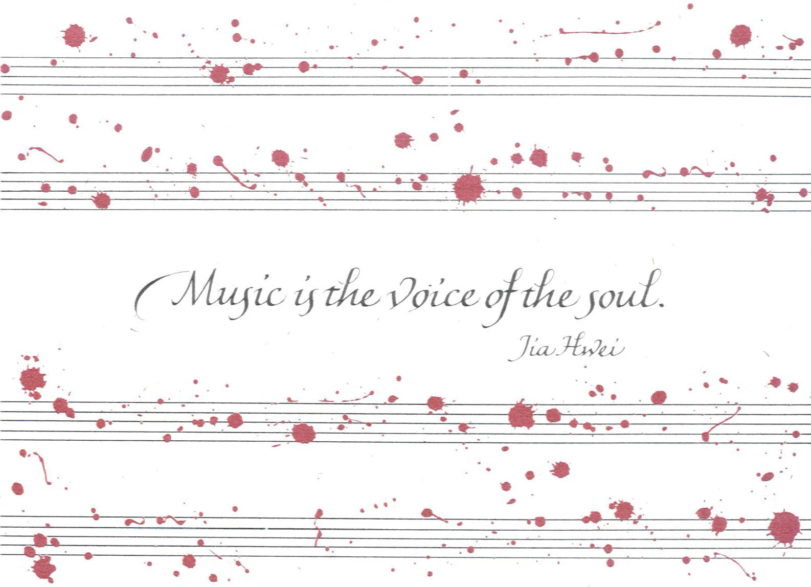 Sheet music with red splashes and a quote about music on a white background