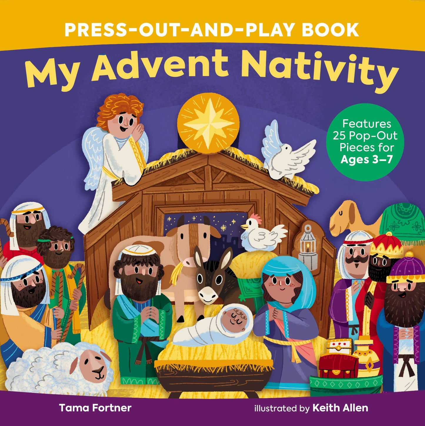 Cover of 'My Advent Nativity Press-Out-and-Play Book' featuring a colorful illustration of a nativity scene with people, animals, and a stable, designed for children.