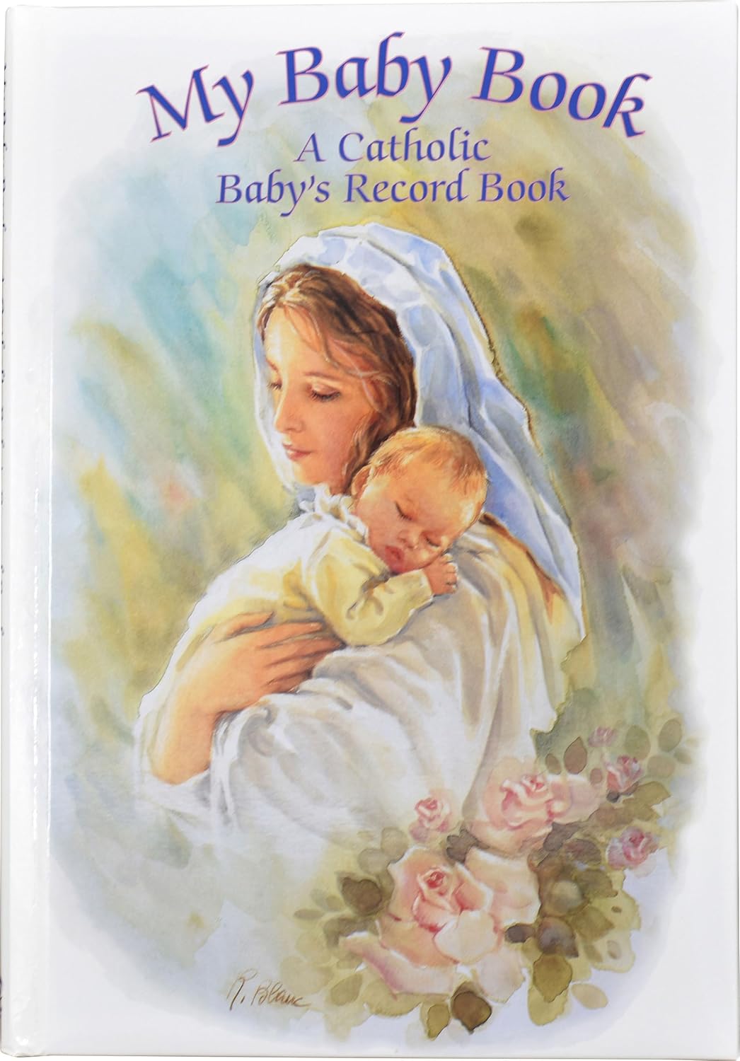 Book cover of 'My Baby Book: A Catholic Baby's Record Book' with illustration of a woman holding a baby.