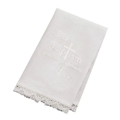 White embroidered towel with 'My Baptism Day' text on a white background