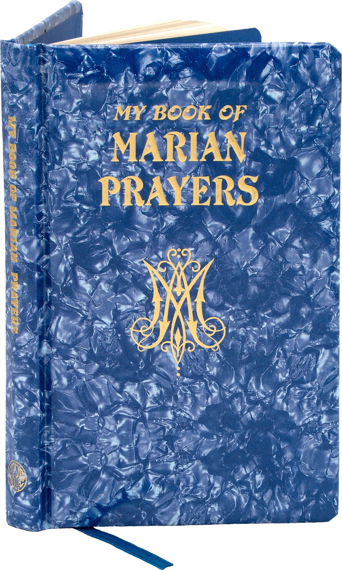 Blue book titled 'My Book of Marian Prayers' with gold text and design on a white background