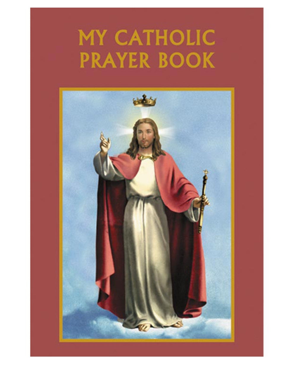 Cover of 'My Catholic Prayer Book' with an illustration of a robed figure on a red background