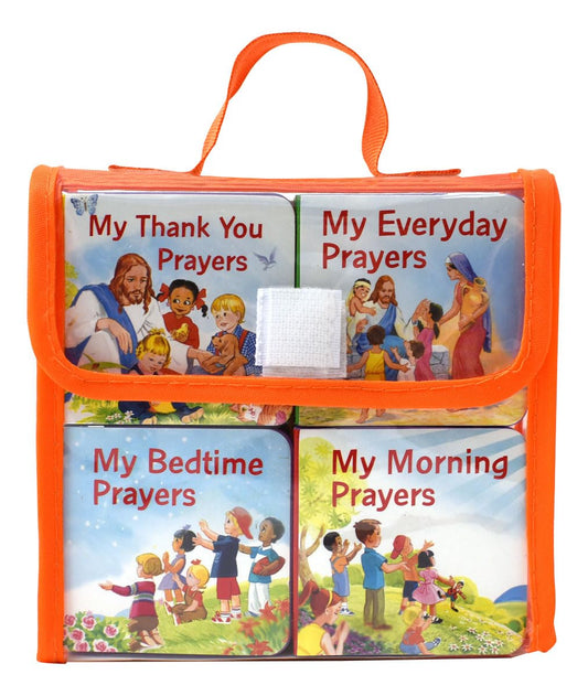 Children's prayer book set with colorful illustrations and an orange carrying case.