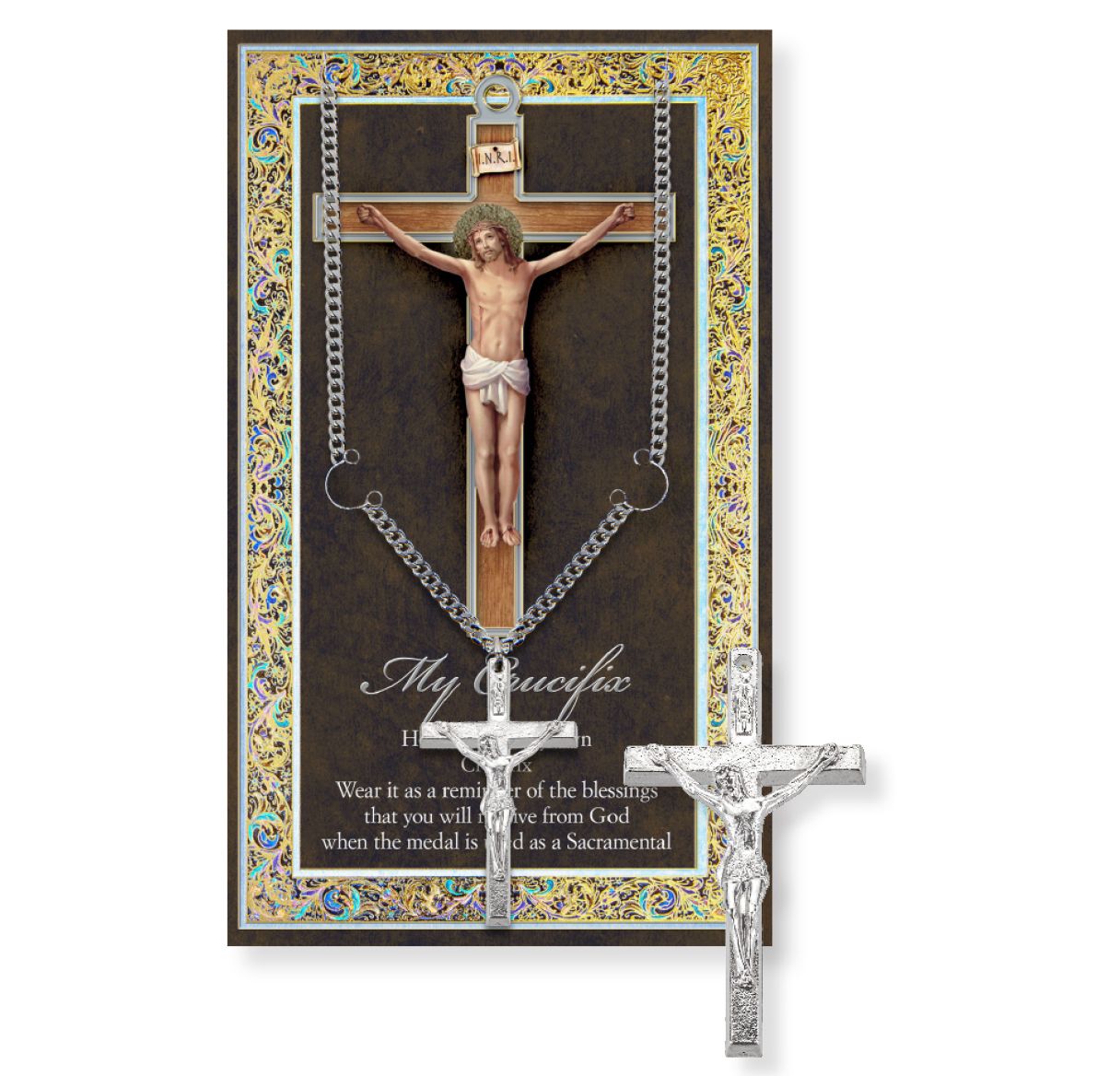 Silver crucifix necklace with ornate packaging featuring a depiction of Jesus on the cross.
