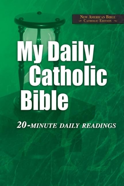 Book titled 'My Daily Catholic Bible' with a green background and clock illustration.