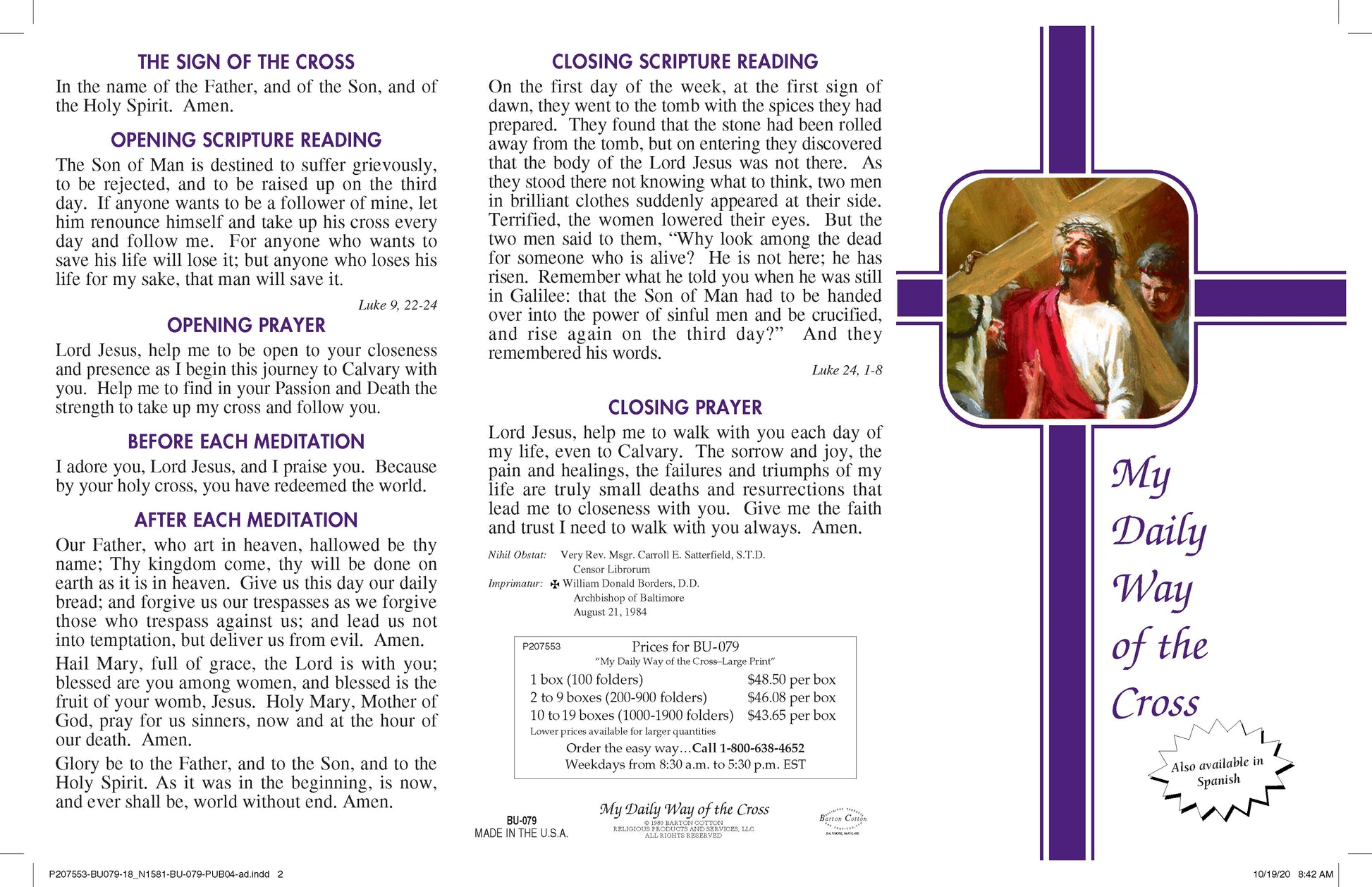 Prayer booklet with religious text, prayers, and a illustration of Jesus on a cross.