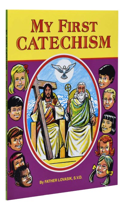 Book cover of 'My First Catechism' with religious illustrations and text.