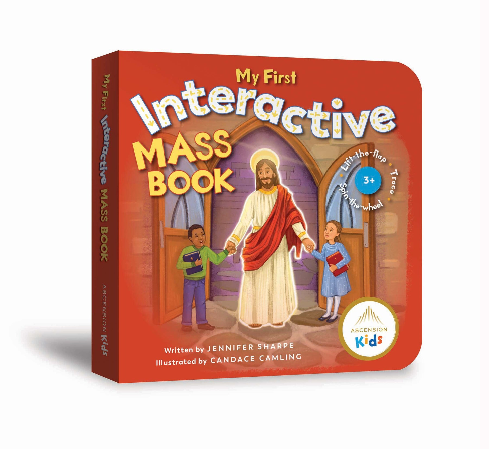Cover of 'My First Interactive Mass Book' featuring an illustration of Jesus with two children, with a red background and the book's title displayed.