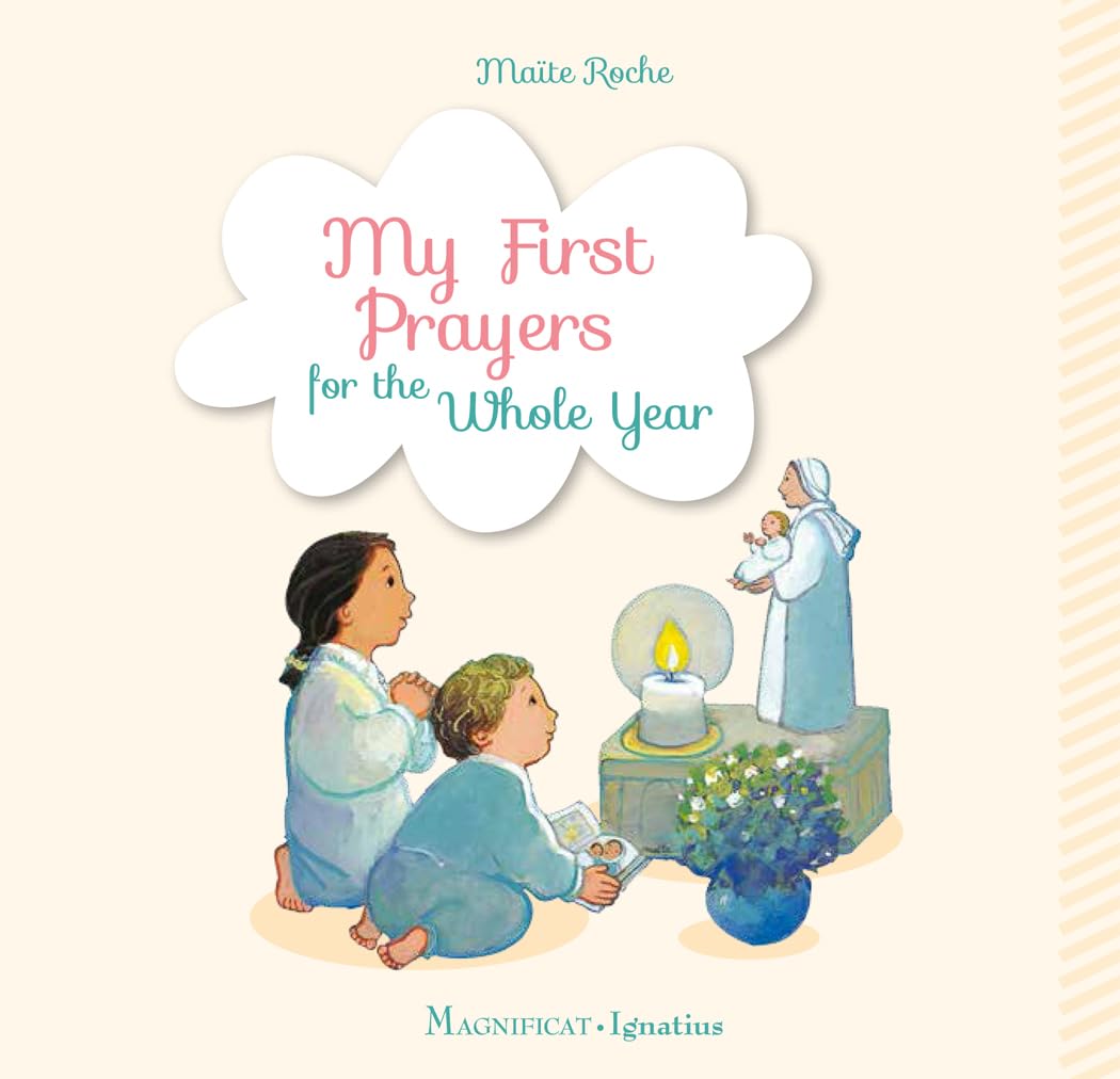 Book cover of 'My First Prayers for the Whole Year' with illustrations of children and a nun.