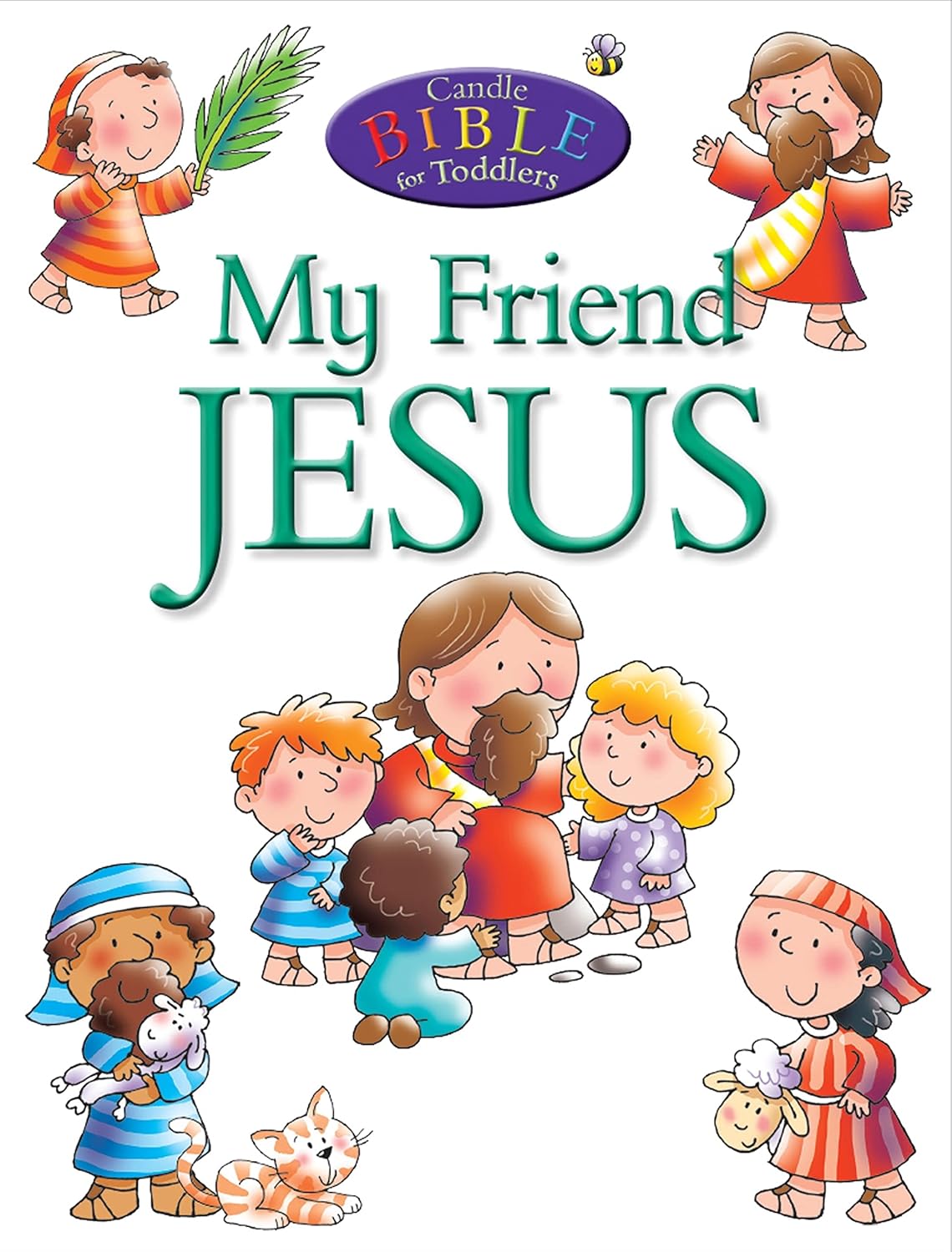 Book cover of 'My Friend Jesus' with illustrations of children and Jesus, featuring the Candle Bible for Toddlers logo.