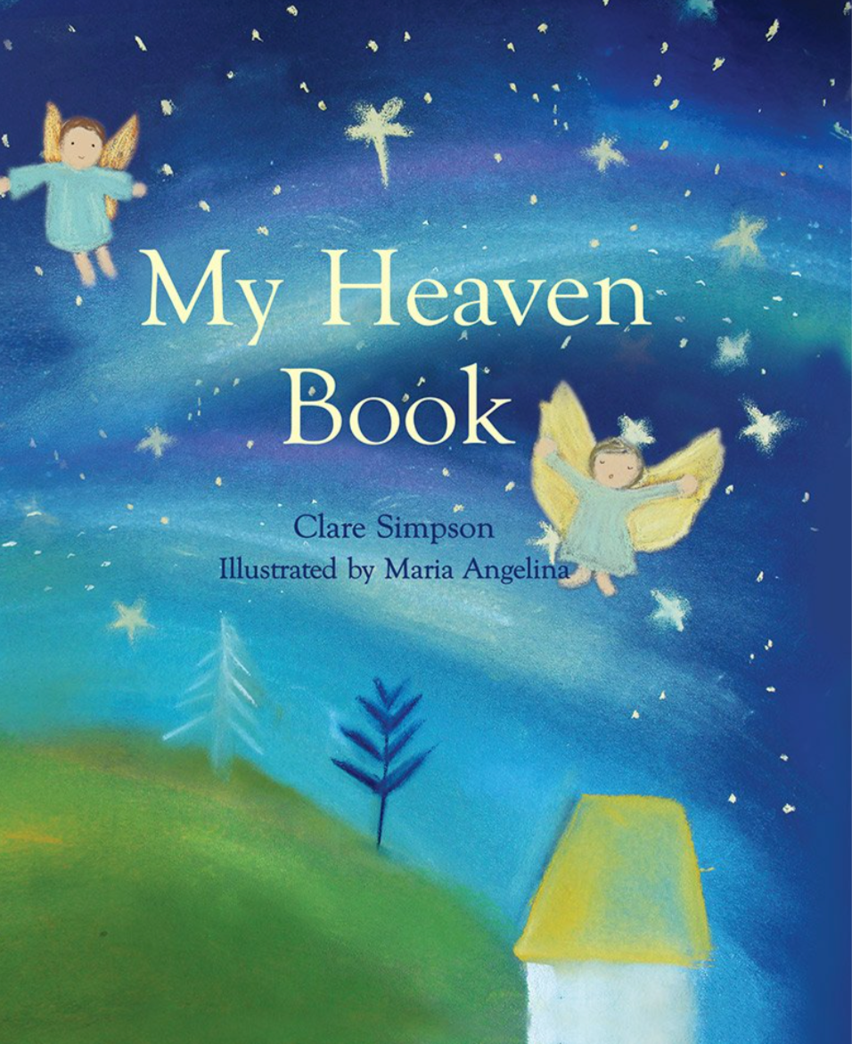Book cover of 'My Heaven Book' with illustrations of angels and a starry night sky.