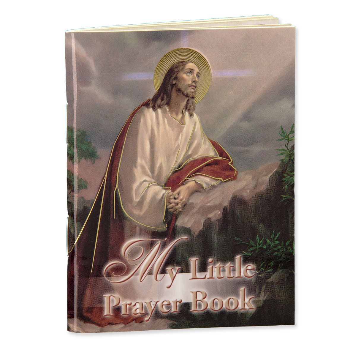 Prayer book cover with an image of a religious figure on a white background