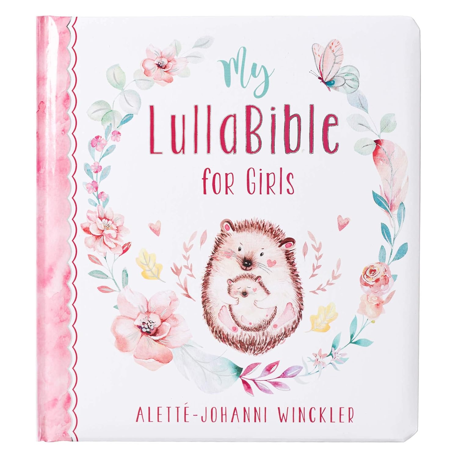 Book titled 'My LullaBible for Girls' with hedgehog illustration and floral design on cover