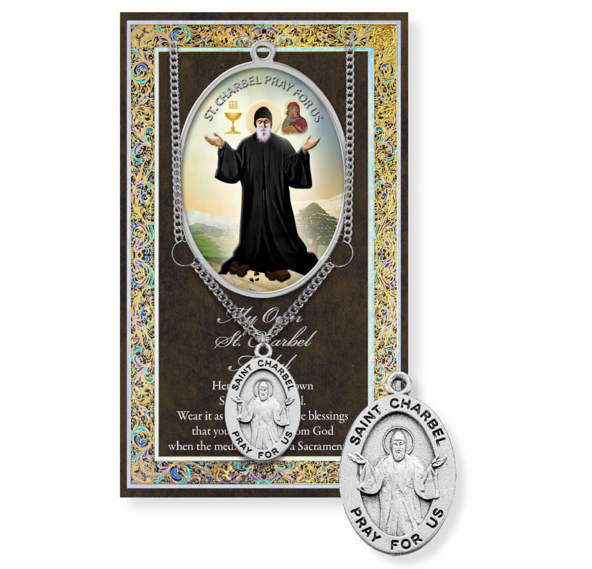 Saint Charbel pendant with prayer card on a white background