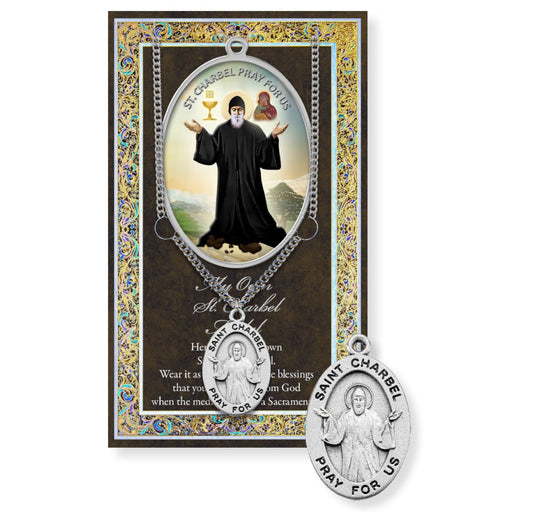 Saint Charbel pendant with prayer card on a white background