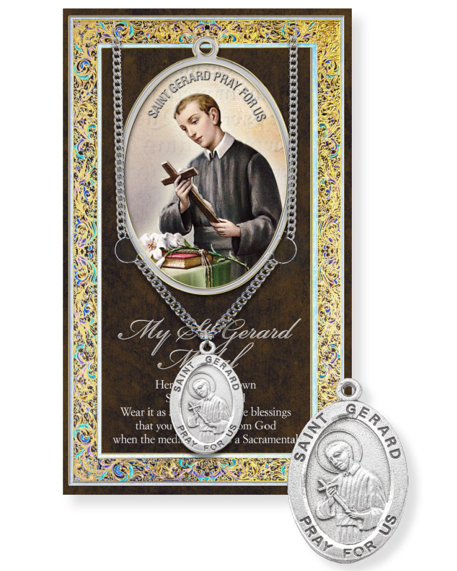 Saint Gerard prayer card with medal on a decorative background