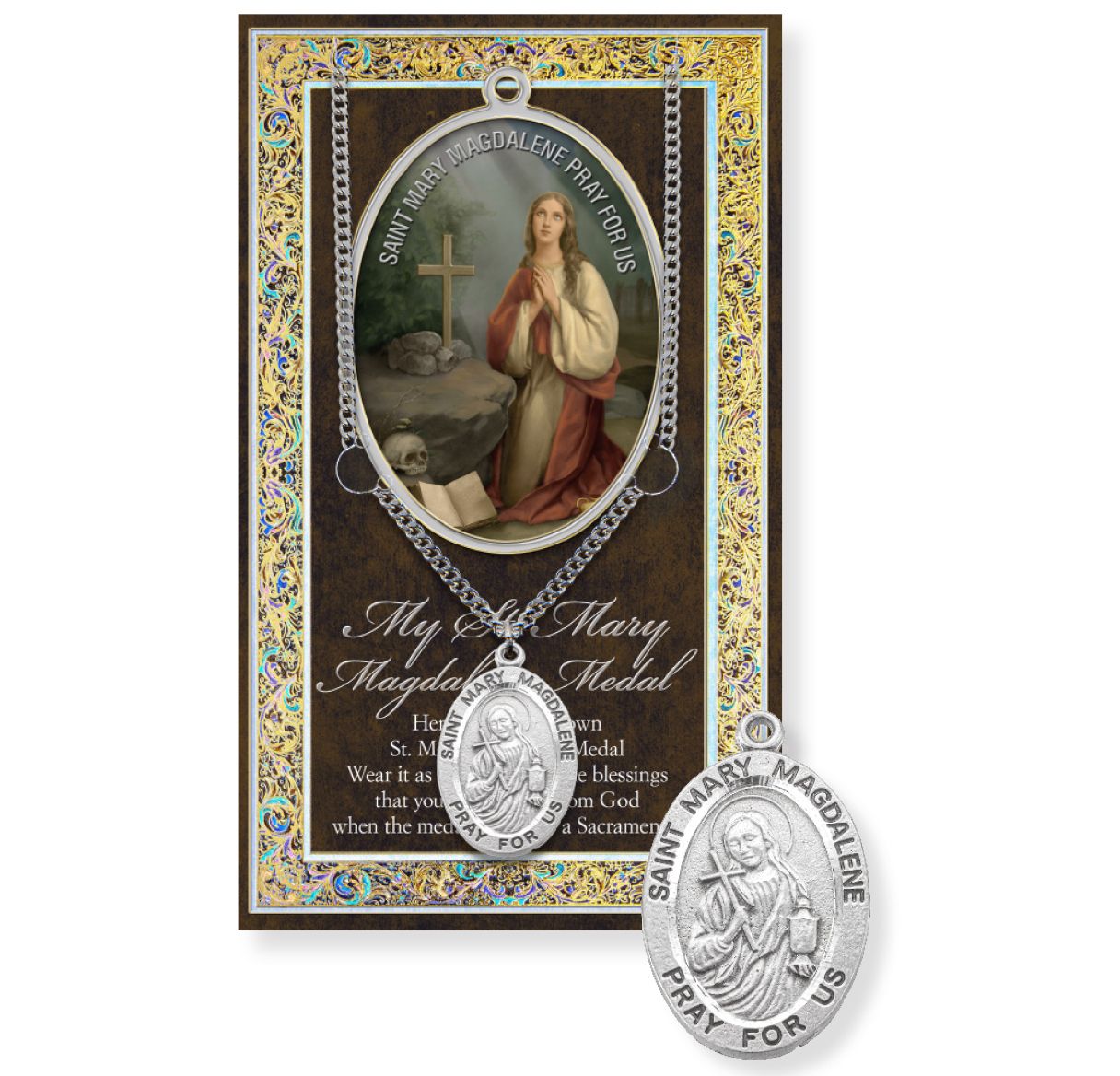 Saint Mary Magdalene medal with prayer card on a decorative frame