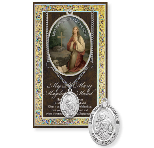 Saint Mary Magdalene medal with prayer card on a decorative frame