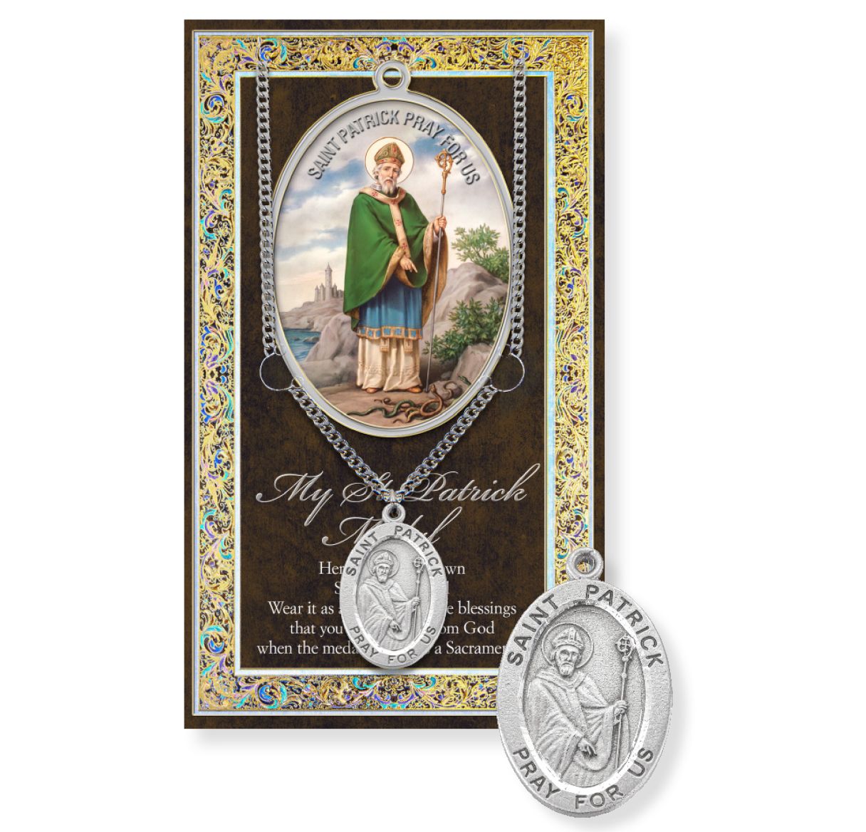 St. Patrick pendant necklace on a decorative card with religious imagery