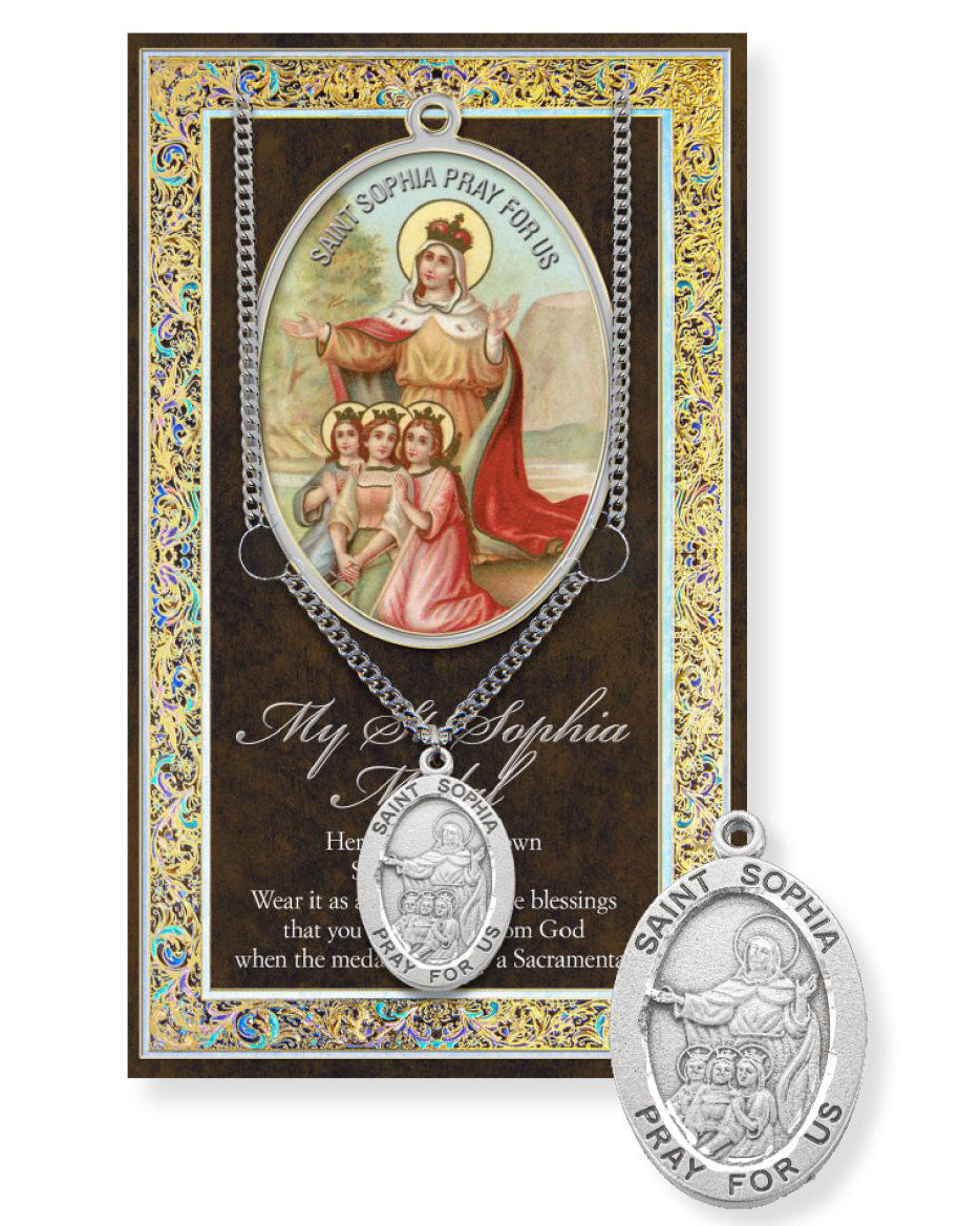 Saint Sophia pendant with prayer card on a white background