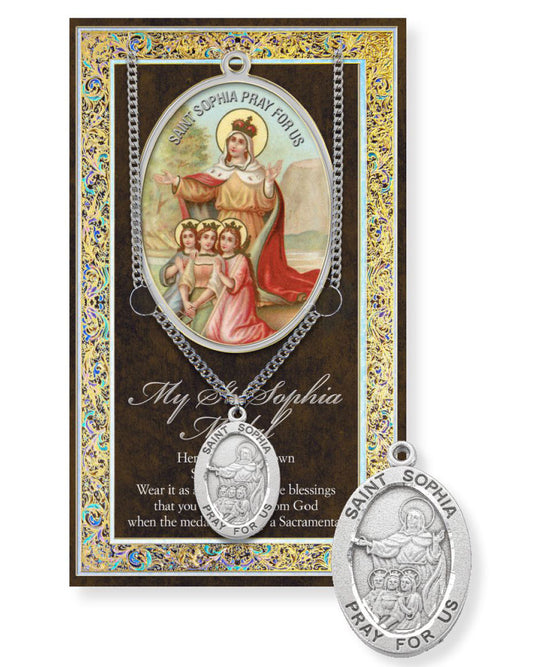 Saint Sophia pendant with prayer card on a white background