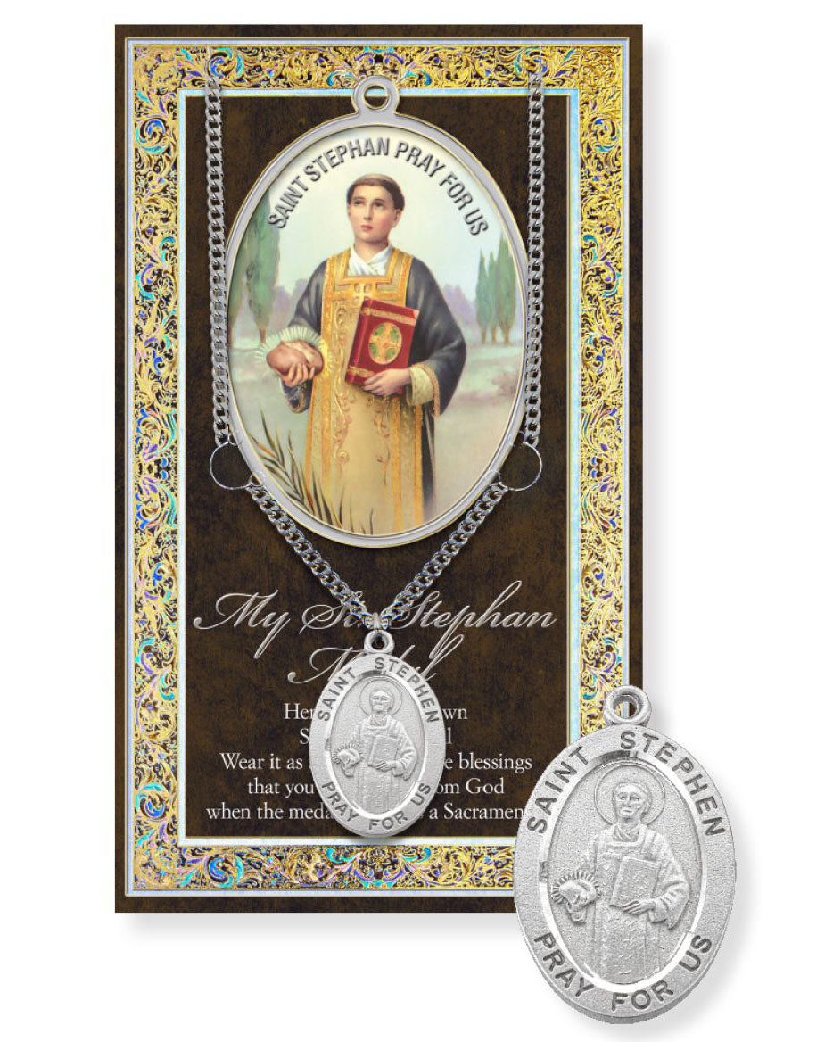 Saint Stephen pendant with chain on a decorative card