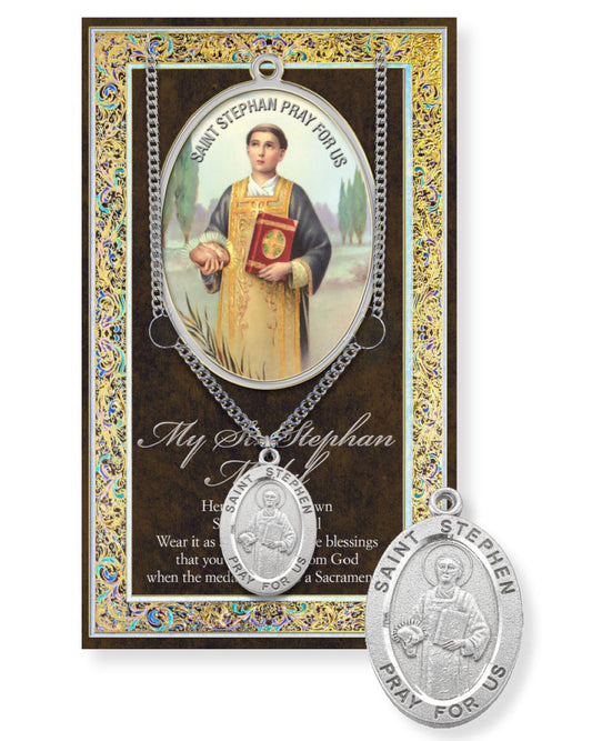 Saint Stephen pendant with chain on a decorative card