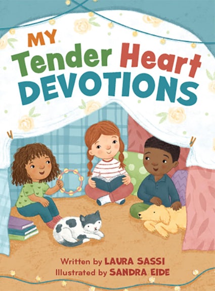 Cover of 'My Tender Heart Devotions' book featuring illustrations of three children sitting together with a cat, engaged in reading and interactive activities.