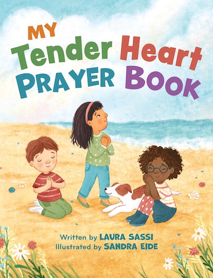 Cover of 'My Tender Heart Prayer Book' featuring illustrations of children praying on a beach with the sun shining and waves in the background.