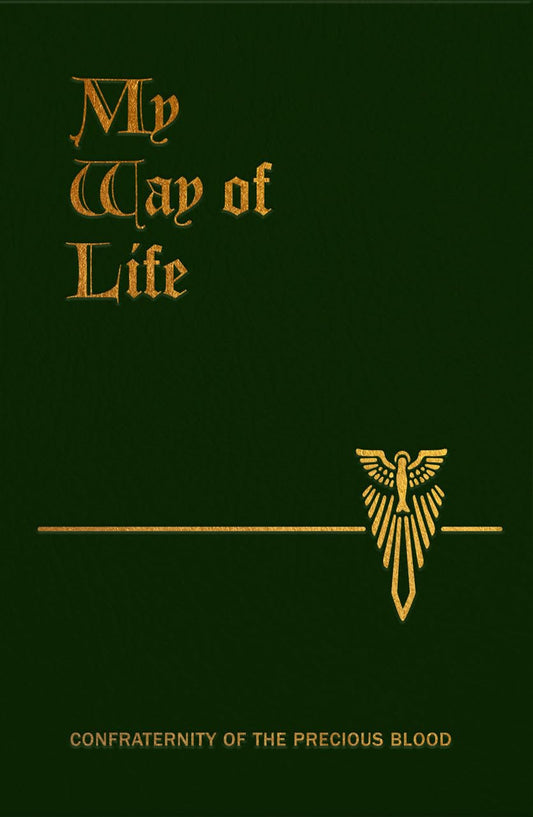 Book cover with 'My Way of Life' title and Confraternity of the Precious Blood emblem on a green background