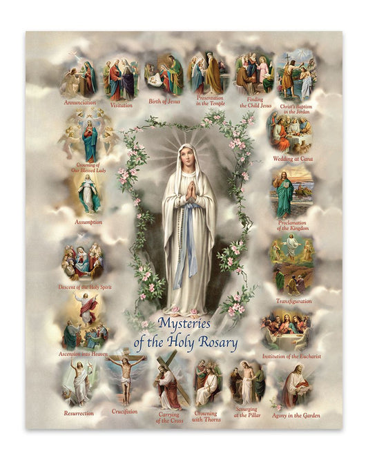 Poster of the Mysteries of the Holy Rosary with central figure and side images.