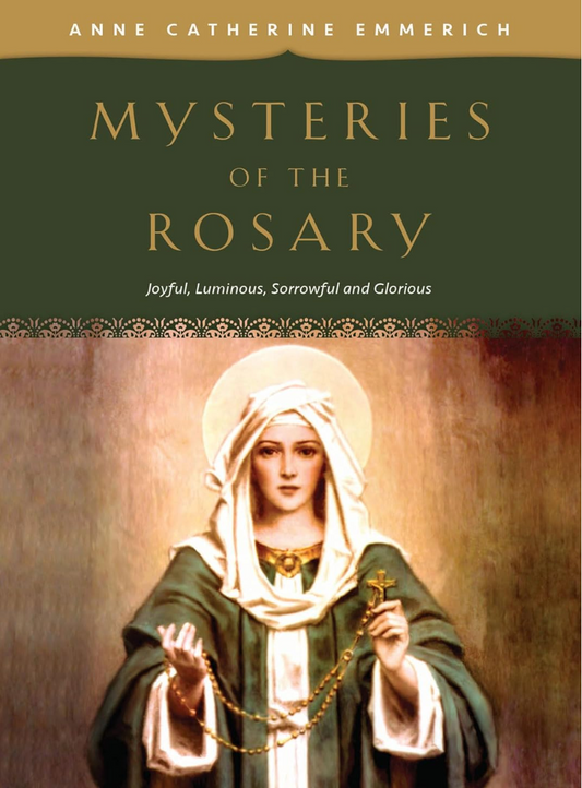 A book cover of 'Mysteries of the Rosary' featuring an illustration of the Virgin Mary holding a Rosary.