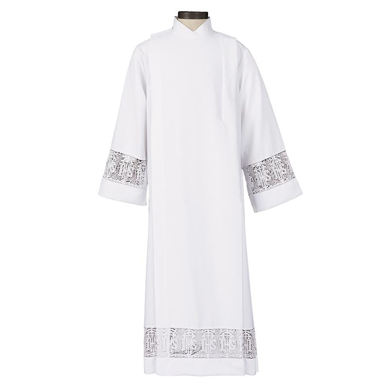 White alb with silver embroidery on a white background