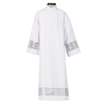 White alb with silver embroidery on a white background
