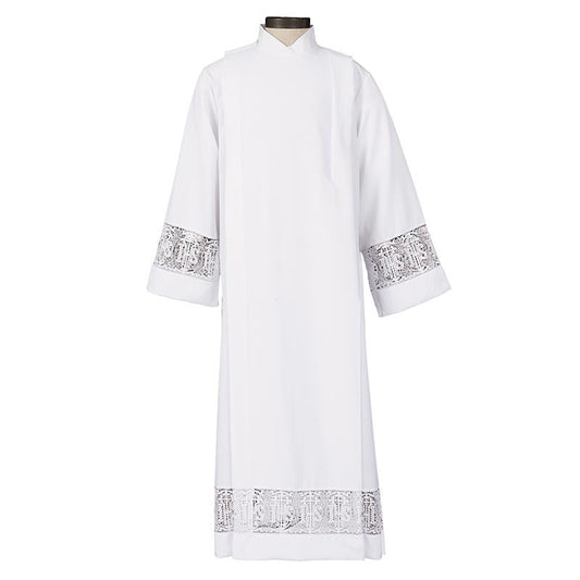 White alb with silver embroidery on a white background