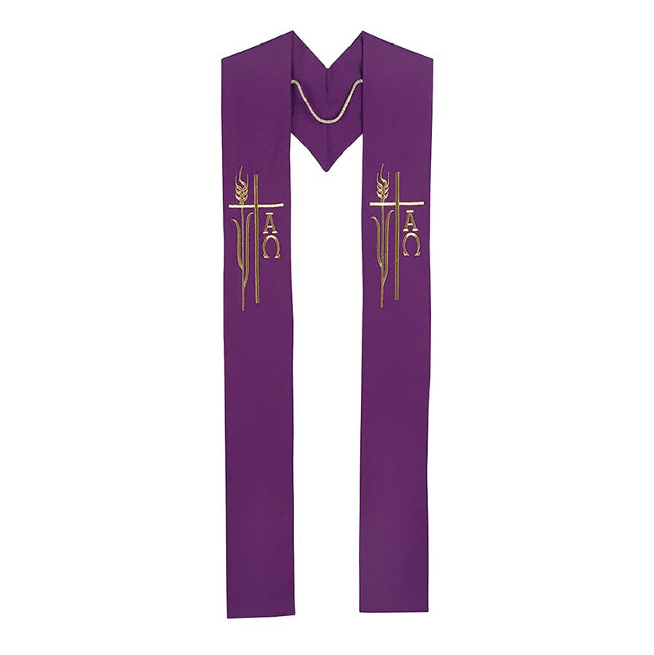 Purple stole with gold symbols on a white background