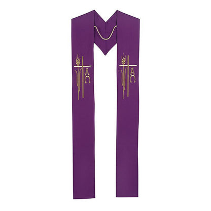 Purple stole with gold symbols on a white background