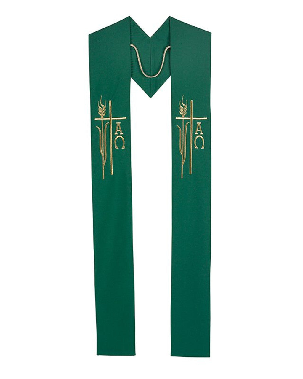 Green stole with gold embroidery on a white background