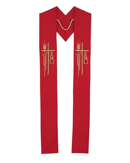 Red stole with gold embroidery on a white background